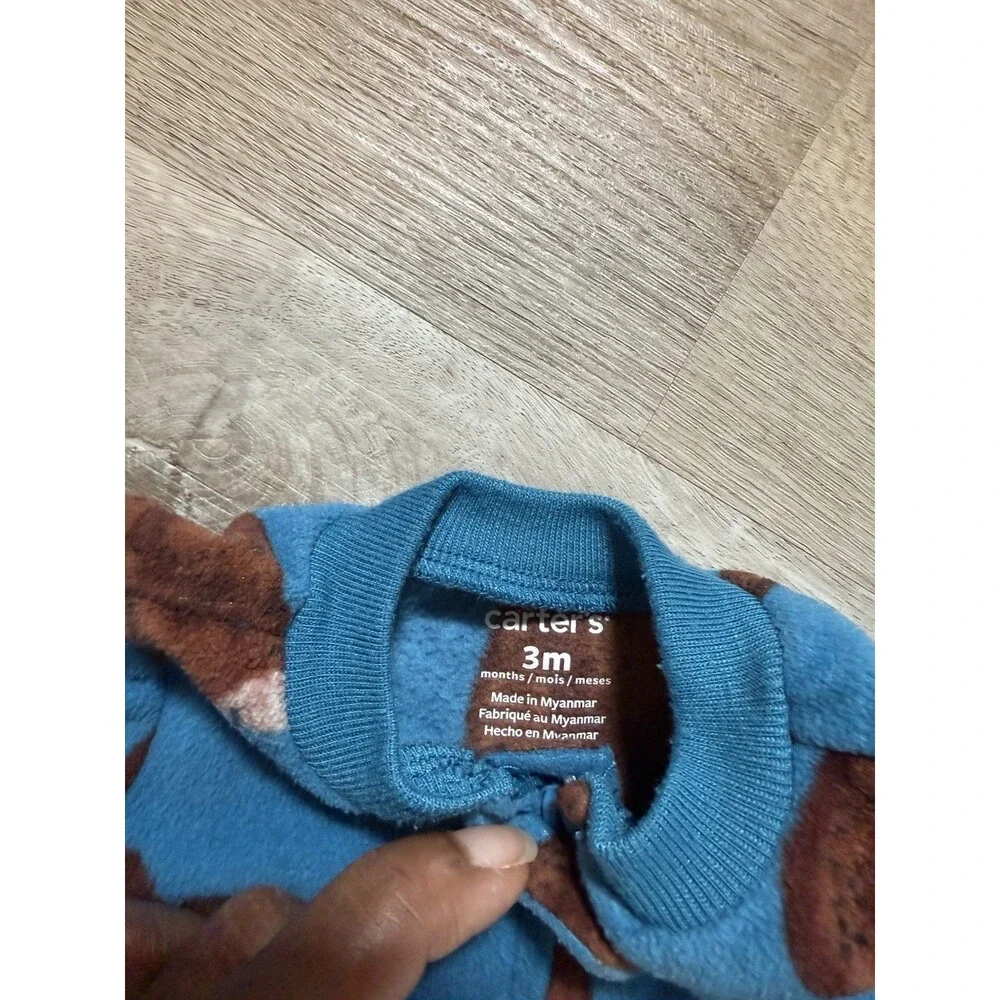 Carters 3 Month Fleece Footed Sleeper Blue Brown Bear Print Zip Up 3D Feet